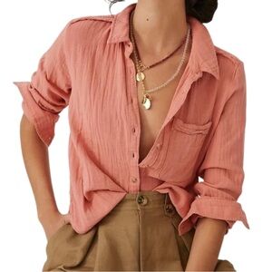 Pilcro Anthropologie Crinkle Gauze Button-Down Shirt Coral Pink XS